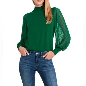 CeCe Blouse Knit Women's Size 3X Green Pullover Mock Neck Clip Dot Sheer Sleeve